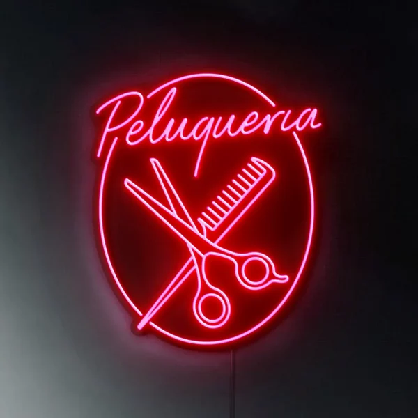 Cartel Neón Led Peluquería, peine y tijera